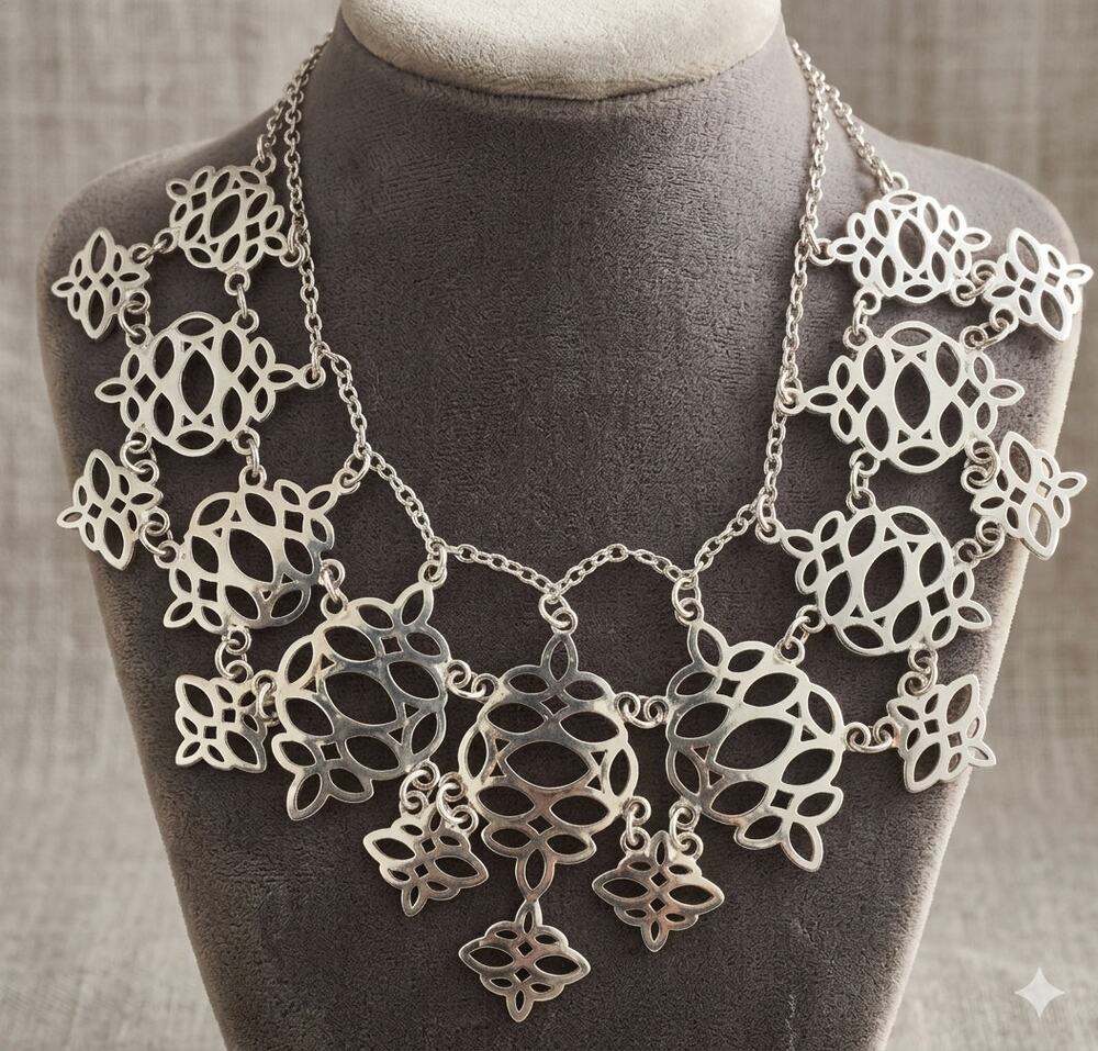 WHBM White House Black Market Silver Cutout Bib Statement Collar Necklace 22"